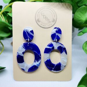 Clay earrings, blue terrazzo print, dark blue dangle earrings, high gloss shine